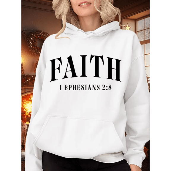 White Print Hoodie Graphic Sweatshirt Christian Hoodies Faith 1 Ephesians 2:8 Belief Apparel for Worship Services Daily Wear Tops S-2XL
