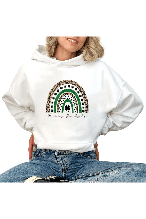 White Print Hoodie Graphic Sweatshirt Happy Go Lucky Clover Leopard Rainbow St Patricks Day Daily Tops S-2XL