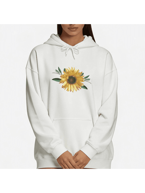 White Print Hoodie Graphic Sweatshirt Realistic Sunflower Design Trendy Pullover S-2XL Tops