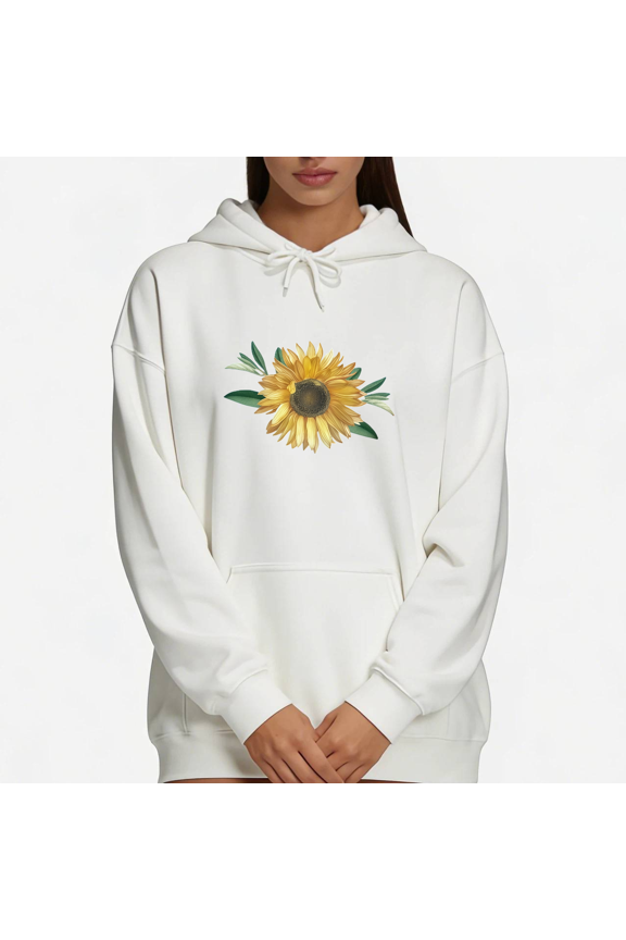 White Print Hoodie Graphic Sweatshirt Realistic Sunflower Design Trendy Pullover S-2XL Tops