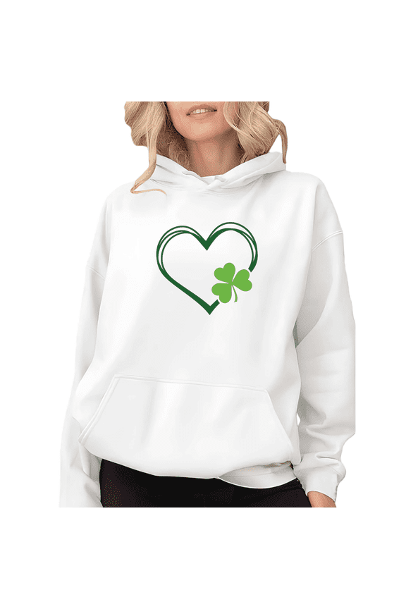 White Print Hoodie Graphic Sweatshirt St Patrick Day Double Outline Heart Clover Pattern Stylish Trendy Daily Outfit Print Sweatshirt Graphic Tees Shirts Tops S-2XL