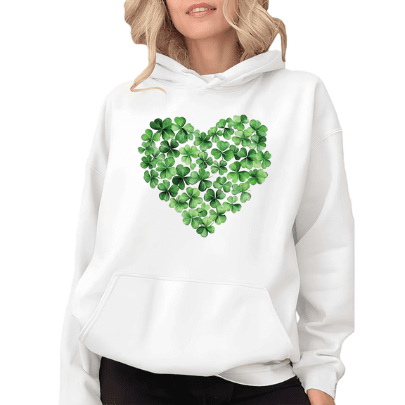 White Print Hoodie Graphic Sweatshirt St Patrick’s Day Watercolor Gradient Green Heart-Shaped Cluster Clover S-2XL Festive Pullover Tops