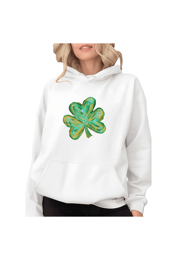 White Print Hoodie Sweatshirt Painted Swirl Shamrock Graphic Sweatshirt St Patricks Day Creative Shirts Tops S-2XL
