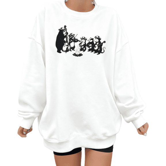 White Print Sweatshirt Graphic Animal Band Camping Theme Casual Daily Shirts Stylish Comfortable Apparel Tops S-3XL