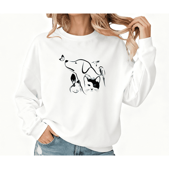 White Print Sweatshirt Graphic Multi-Pet Silhouette Design Animal Lover Theme Casual Daily Shirts Stylish Comfortable Apparel Tops S-3XL