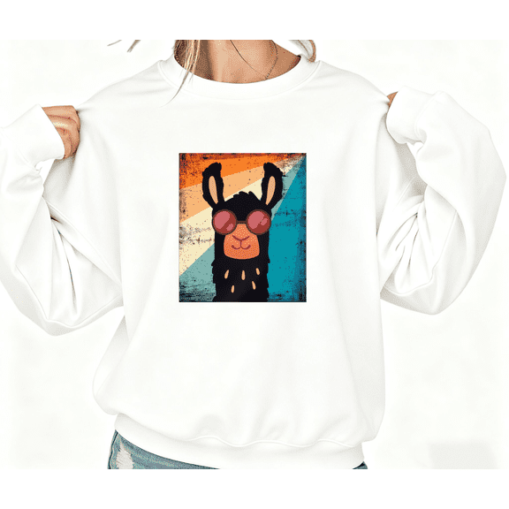 White Print Sweatshirt Graphic Retro Sunglasses Alpaca Style Nostalgic Trend Theme Casual Weekend Shirts Trendy Cozy Wear Tops S-3XL
