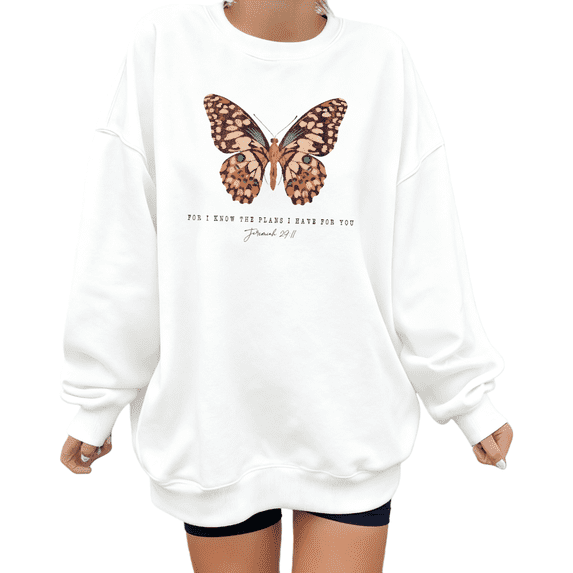 White Print Sweatshirt Graphic Sweatshirt Butterfly FOR I KNOW THE PLANS I HAVE FOR YOU Jeremiah 29:11 Christian Youth Faith Social Gathering S-3XL Tops
