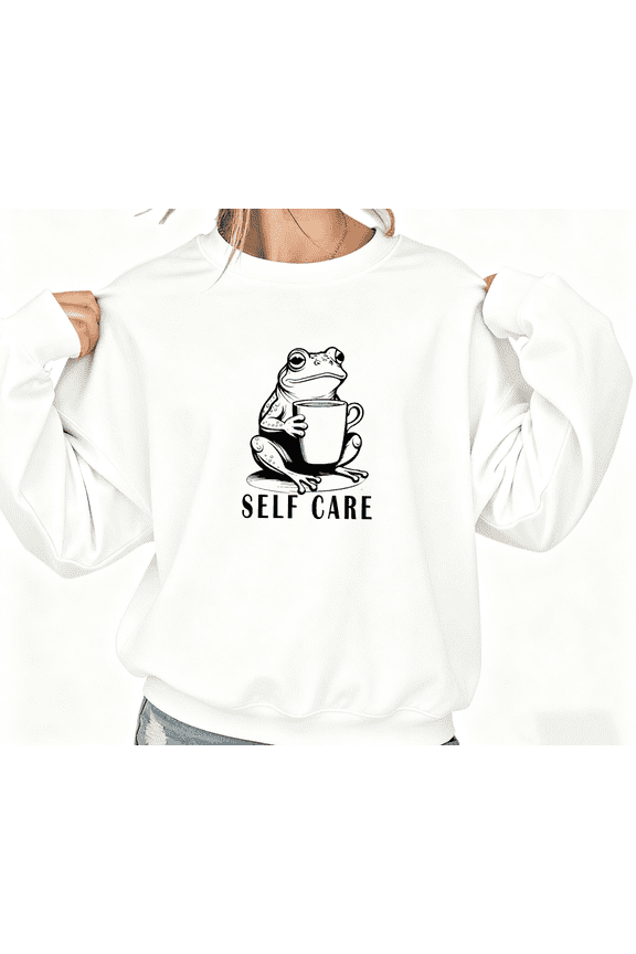 White Print Sweatshirt Graphic Sweatshirt Frog Self Care Coffee Crewneck Long Sleeve Casual Relax Style S-3XL Tops
