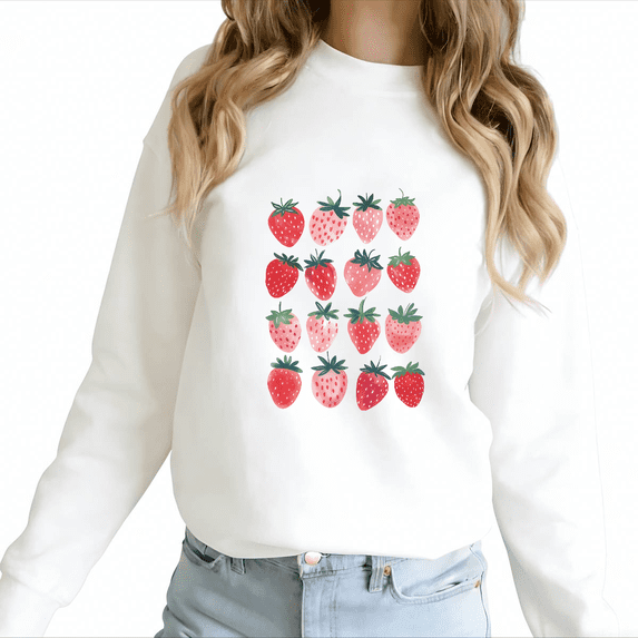 White Print Sweatshirt Graphic Sweatshirt Grid Strawberry Street Style Cute Casual Wear S-3XL Tops