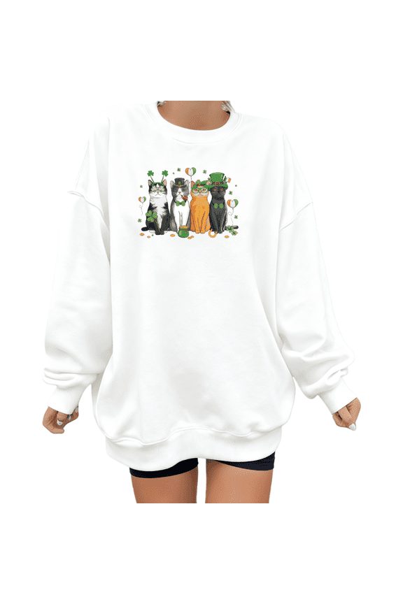White Print Sweatshirt Graphic Sweatshirt Irish Themed Cat Group Design St Patricks Day Oversized Tops S-3XL