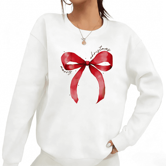 White Print Sweatshirt Graphic Sweatshirt Merry Christmas Red Bow Novelty Gift For Women And Girls S-3XL Tops