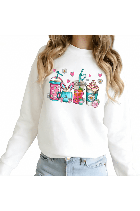 White Print Sweatshirt Graphic Sweatshirt S-3XL Easter Coffee Cups Bunny Print Spring Casual Tops