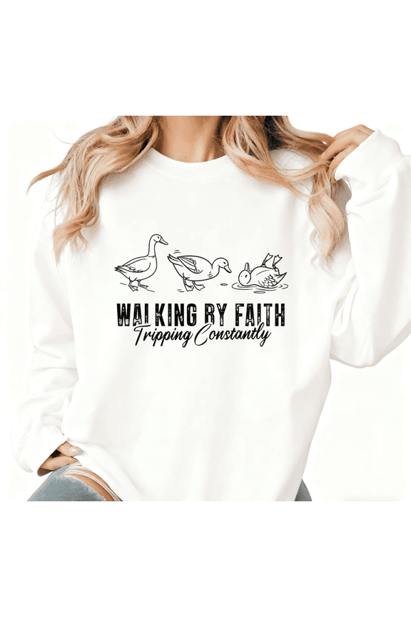 White Print Sweatshirt Graphic Sweatshirt Walking By Faith Tripping Constantly Duck Street Style Cotton S-3XL Tops