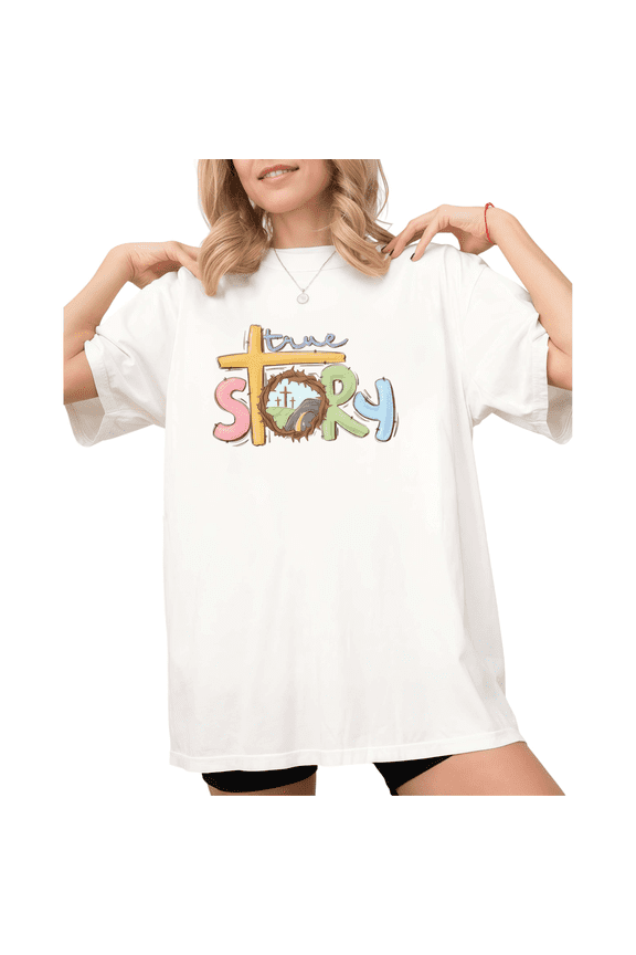 White Print T-Shirt Graphic Tee S-5XL Cute True Story Easter Print Religious Casual Stylish Daily Tops