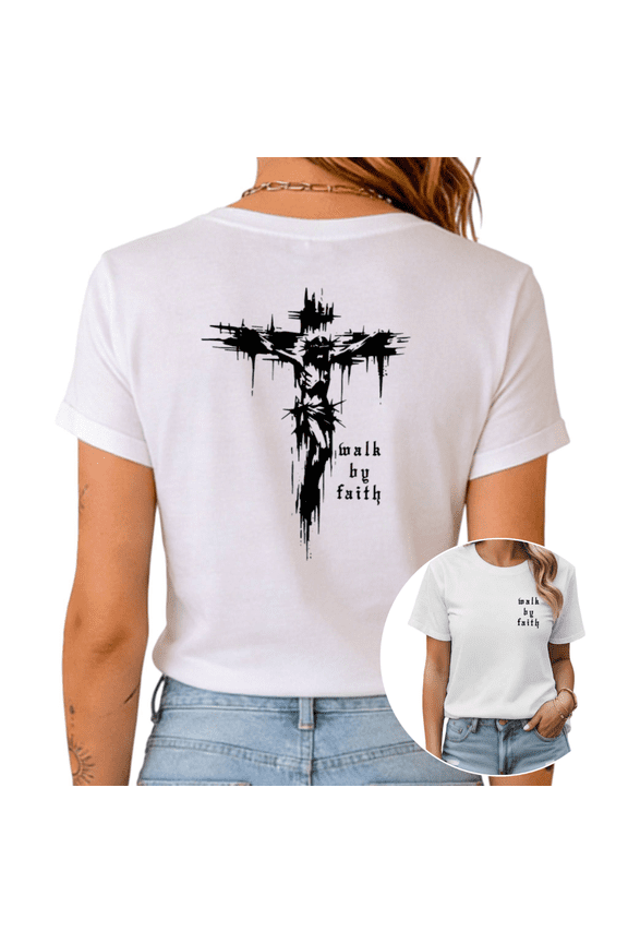 White Print T-Shirt Graphic Tee S-5XL Jesus Cross Print Cute Daily Casual Tops