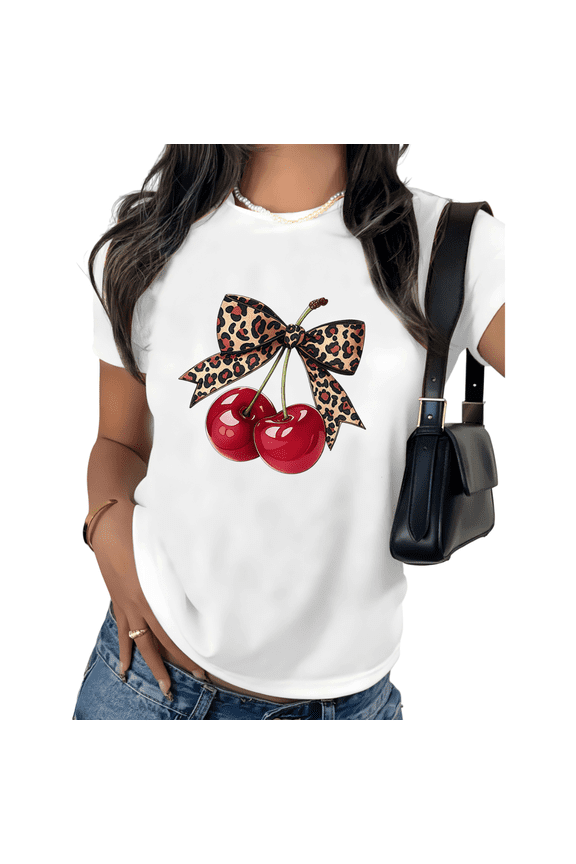 White Print T shirt Graphic Tees Shirts Cherry Leopard Bow Trendy Girly Style Size S-5XL Tops