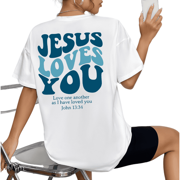 White Print Tshirt Cotton Graphic Tees Shirts Blue Gradient JESUS LOVES YOU John 13:34 Design Church Worship Wear S-5XL Plain Tops