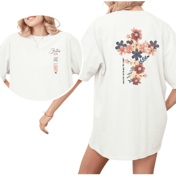 White Print Tshirt Cotton Graphic Tees Shirts Dual-Sided Jesus is the Light Floral Cross walk by faith Phrase Commute Faith S-5XL Plain Tops