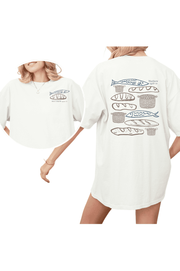White Print Tshirt Graphic Tees Loose Shirts Five Loaves Two Fish Matthew 14:16-21 Top for Commute Faith S-5XL Tops