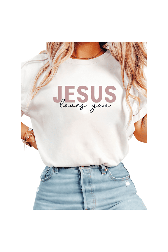 White Print Tshirt Cotton Graphic Tees Shirts Handwritten JESUS loves you Pastel Pink Motif Christian Fellowship Gathering Wear S-5XL Plain Tops