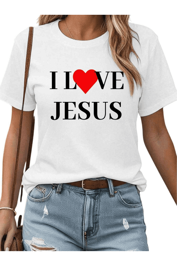 White Print Tshirt Cotton Graphic Tees Shirts I Heart JESUS Red Heart Quote Christian Fellowship Gathering Wear S-5XL Plain Tops
