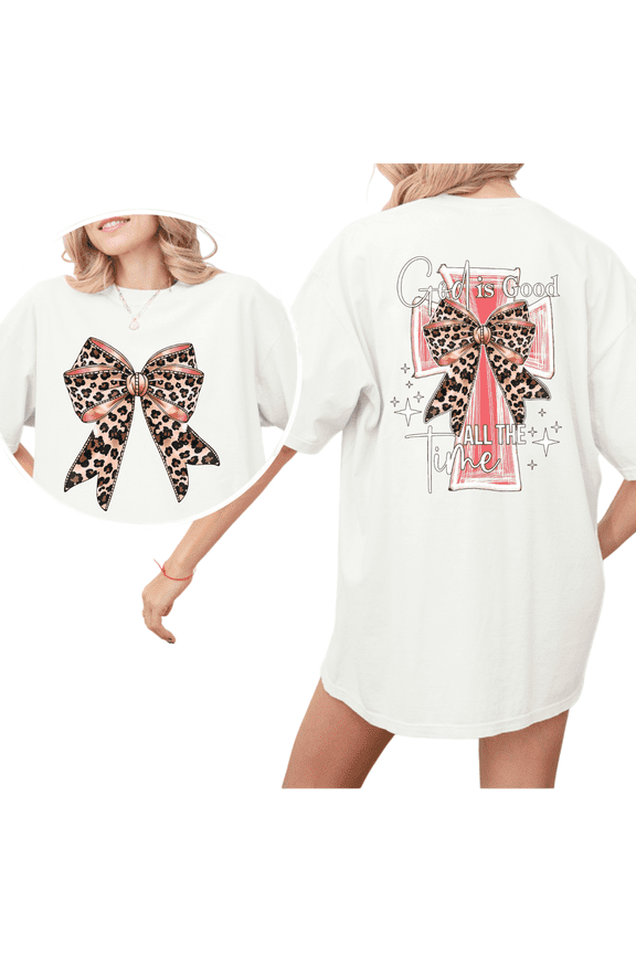 White Print Tshirt Cotton Graphic Tees Shirts Leopard Bow Cross God is Good All the Time Top for Christian BFF Fellowship Meetup Wear S-5XL Plain Tops