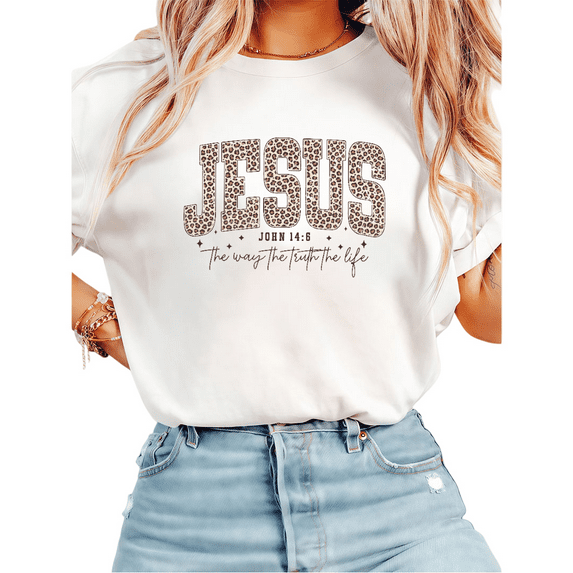 White Print Tshirt Cotton Graphic Tees Shirts Leopard Pattern JESUS John 14:6 the way the truth the life Motif Christian Fellowship Gathering Wear S-5XL Plain Tops