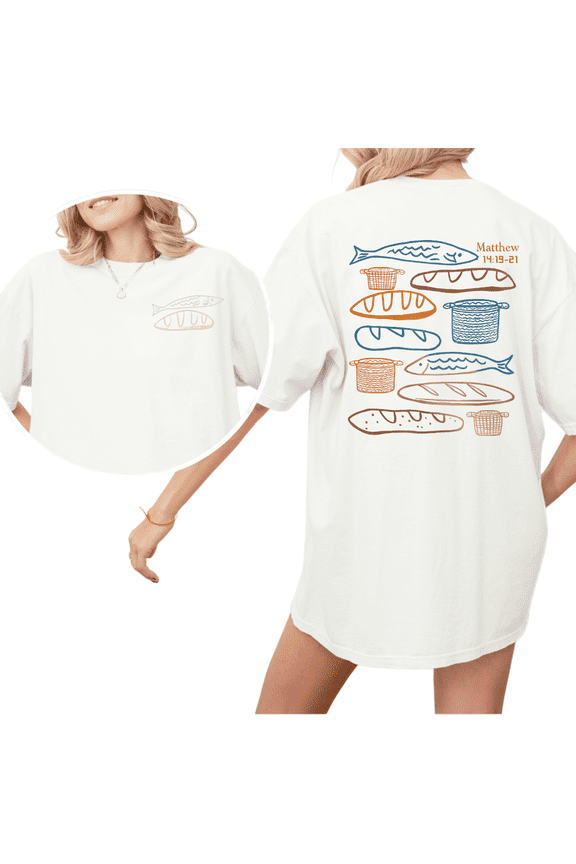 White Print Tshirt Cotton Graphic Tees Shirts Multi Tone Five Loaves Two Fish Matthew 14:19-21 Top for Commute Faith S-5XL Plain Tops