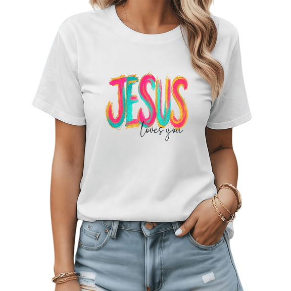 White Print Tshirt Cotton Graphic Tees Shirts Vibrant Brush JESUS loves you Motif Comfortable Summer Faith S-5XL Plain Tops
