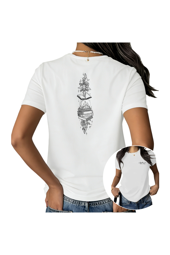White Print Tshirt Fantasy Sword Book Graphic Tees Shirts Dark Academia Magic Book Reader Gothic Aesthetic Cotton Tee S 5XL Tops