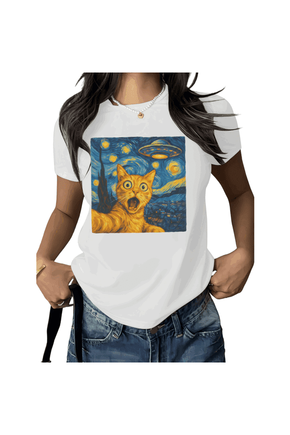 White Print Tshirt Funny Cat Alien Night Sky Graphic Tees Casual Shirts Womens Cute Artistic Pet Design Summer S-5XL Tops