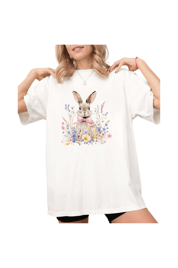 White Print Tshirt Graphic Tees Easter Bunny Pink Bow Floral Shirts S-5XL Tops