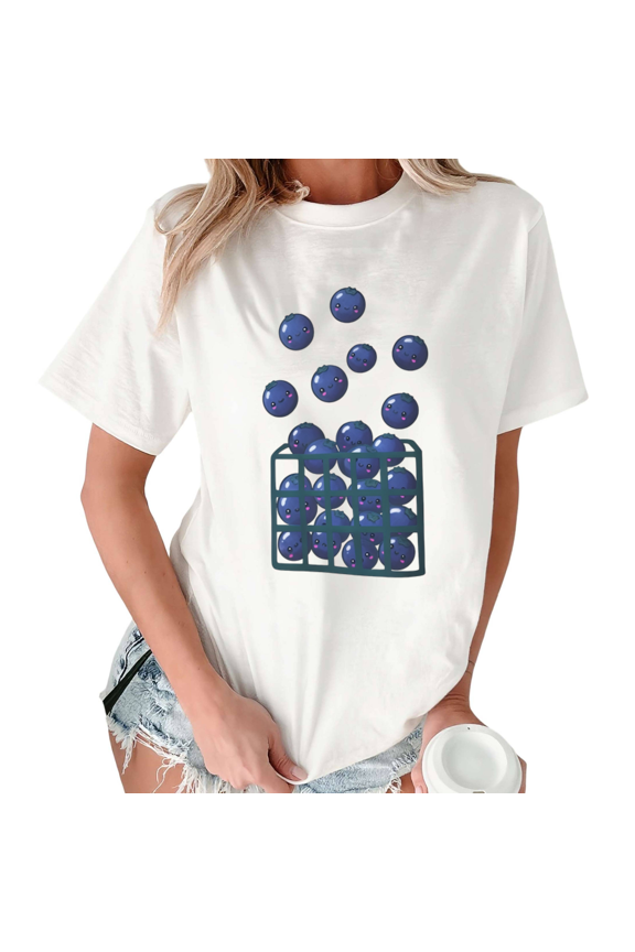 White Print Tshirt Graphic Tees Retro Blueberry Basket Design Tshirt S-5XL Tops