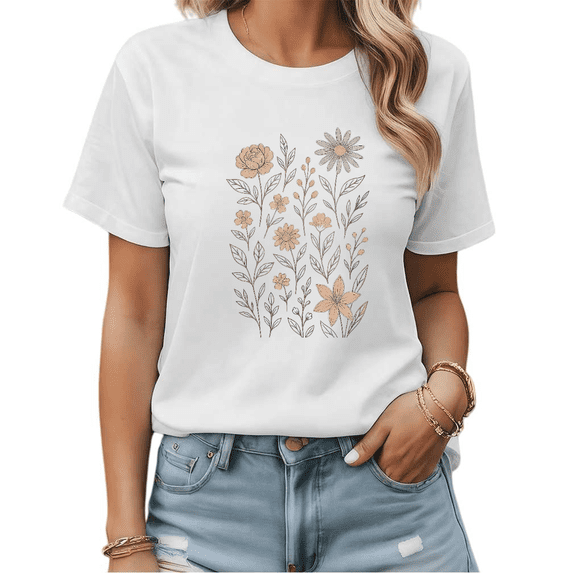White Print Tshirt Graphic Tees Shirts Blush Floral Line Art Street Style Cute Casual Wear S-5XL Tops
