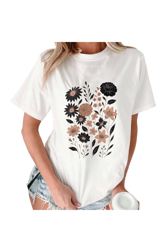 White Print Tshirt Graphic Tees Shirts Botanical Line Art Gift For Floral Enthusiasts S-5XL Tops