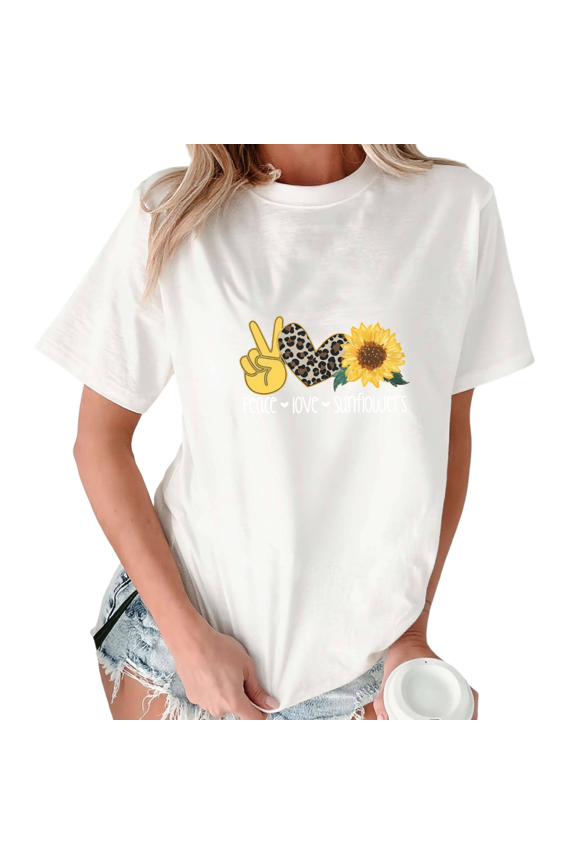White Print Tshirt Graphic Tees Shirts Leopard Heart Sunflower Illustration Daily Comfy Tops S-5XL Tops