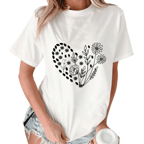 White Print Tshirt Graphic Tees Shirts Line Art Flower Heart Spring Date Outfit S-5XL Tops