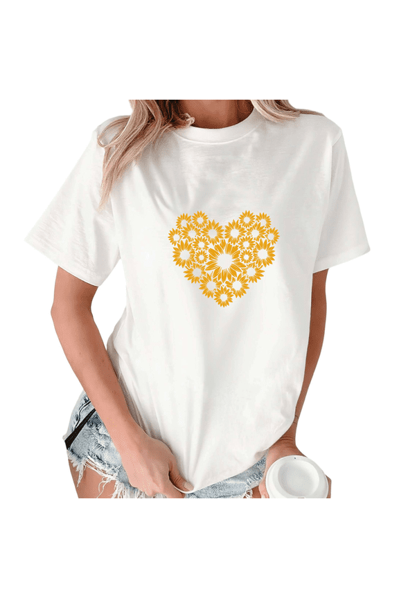 White Print Tshirt Graphic Tees Shirts Love Themed Sunflower Heart Art Spring Wear S-5XL Tops