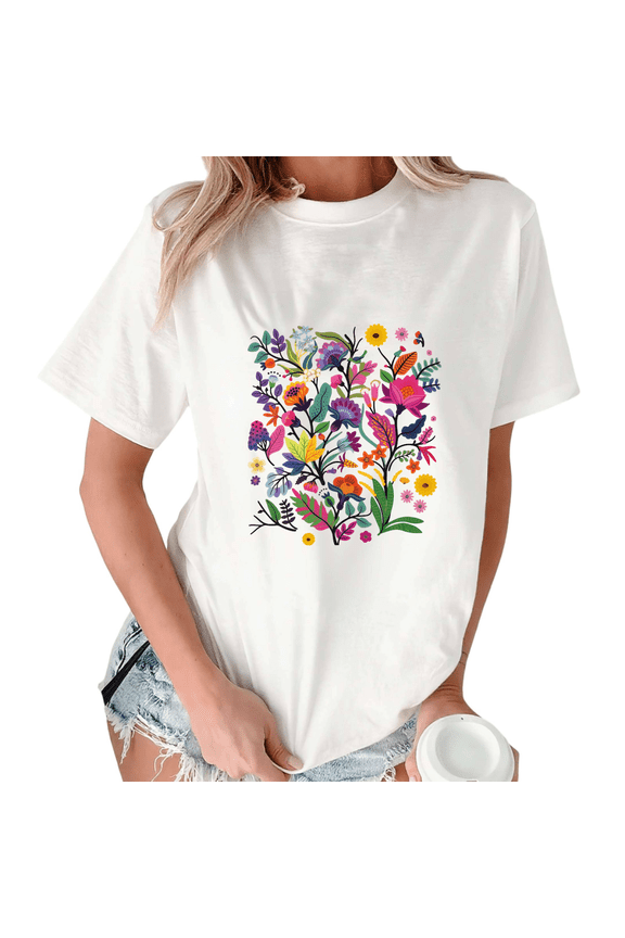 White Print Tshirt Graphic Tees Shirts Maximalist Botanical Art Spring Casual Wear S-5XL Tops