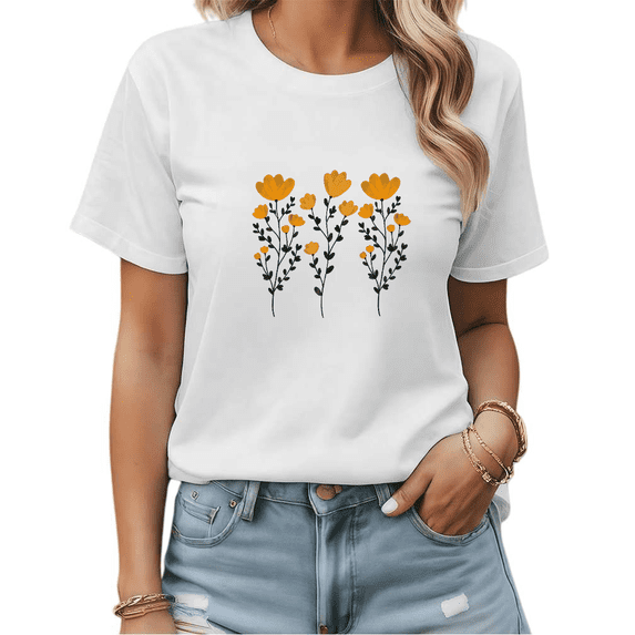 White Print Tshirt Graphic Tees Shirts Minimalist Yellow Floral Bouquet Daily Casual Tops S-5XL Tops