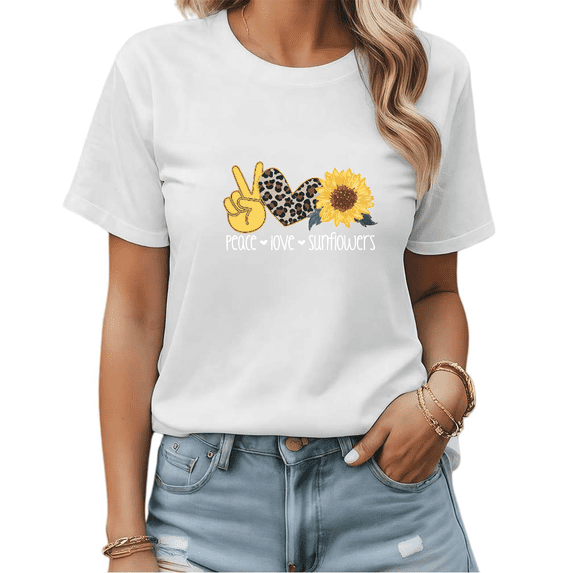 White Print Tshirt Graphic Tees Shirts Peace Love Sunflowers Leopard Heart Summer Outdoor Casual Comfort Wear S-5XL Tops