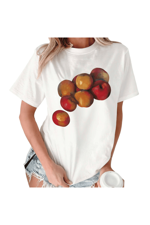 White Print Tshirt Graphic Tees Shirts S-5XL Apple Print Retro Casual Trendy Tops
