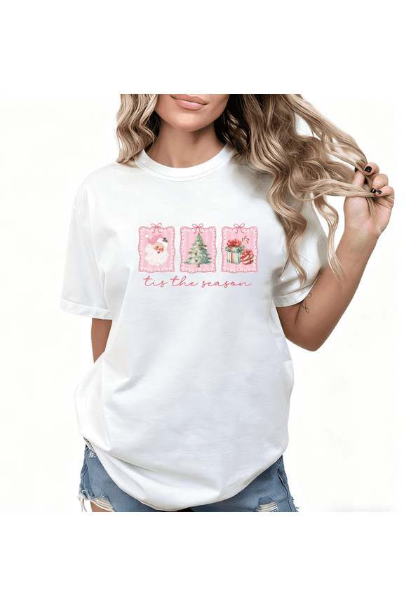 Women's cotton White S-5XL Graphic T-Shirt Tis The Season Pink Christmas Elements Print Casual Tee Top for Holiday & Sweet Style Lovers, Short Sleeve T-Shirt Tops