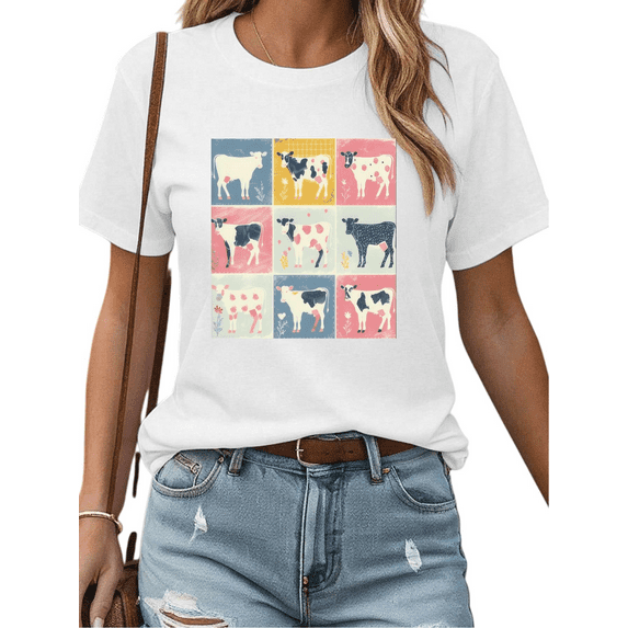 White Print Tshirt Graphic Tees Shirts S-5XL Colorful Cow Pattern Relaxed Daily Tops