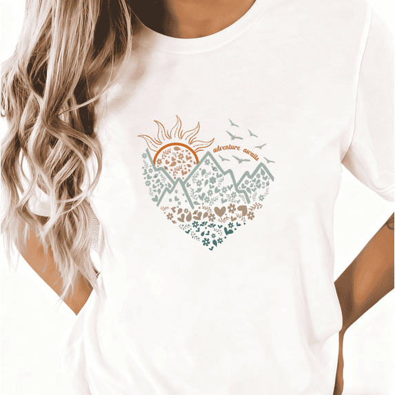 White Print Tshirt Graphic Tees Shirts S-5XL Outdoor Adventure Floral Heart for Daily Outfits Tops