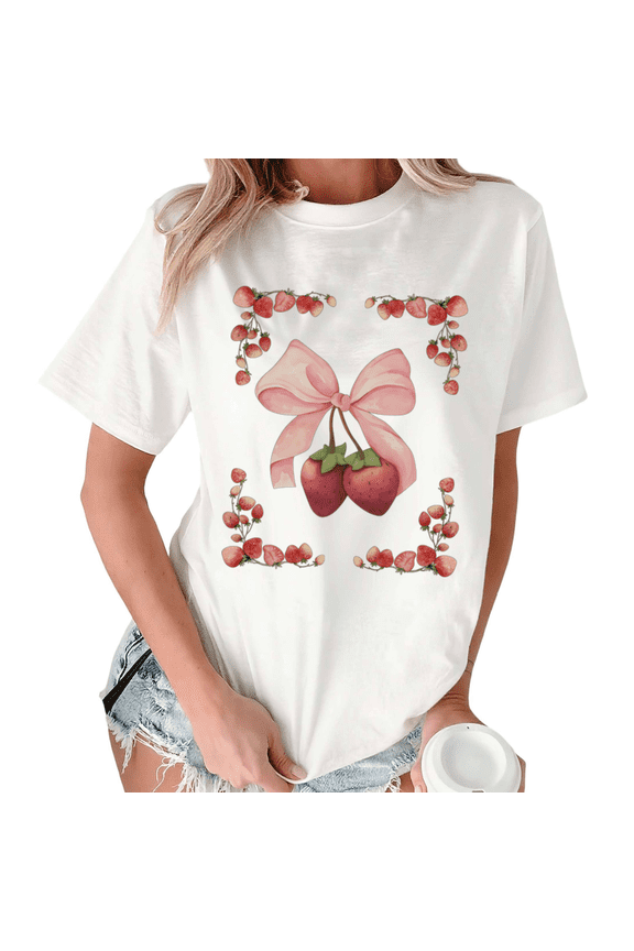 White Print Tshirt Graphic Tees Shirts S-5XL Pink Bow Strawberry Print Soft Sweet Casual Trendy Tops