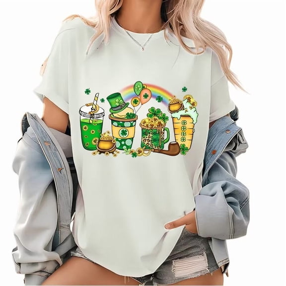 White Print Tshirt Graphic Tees Loose Shirts S-5XL St Patricks Day Drinks Shamrock Pot Of Gold Lucky Cotton Tops