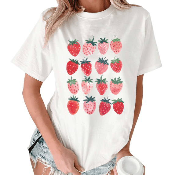 White Print Tshirt Graphic Tees Shirts S-5XL Strawberry Pattern Print Cozy Casual Trendy Tops
