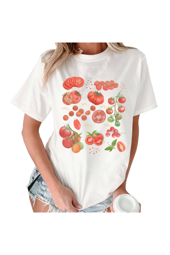 White Print Tshirt Graphic Tees Shirts S-5XL Tomato Pattern Print Cozy Casual Trendy Tops