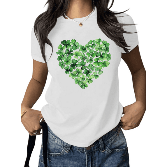 White Print Tshirt Graphic Tees Shirts St Patrick’s Day Heart Themed Watercolor Clover Design Holiday Casual Fashion Comfortable Breathable Classic Fit Tops S-5XL